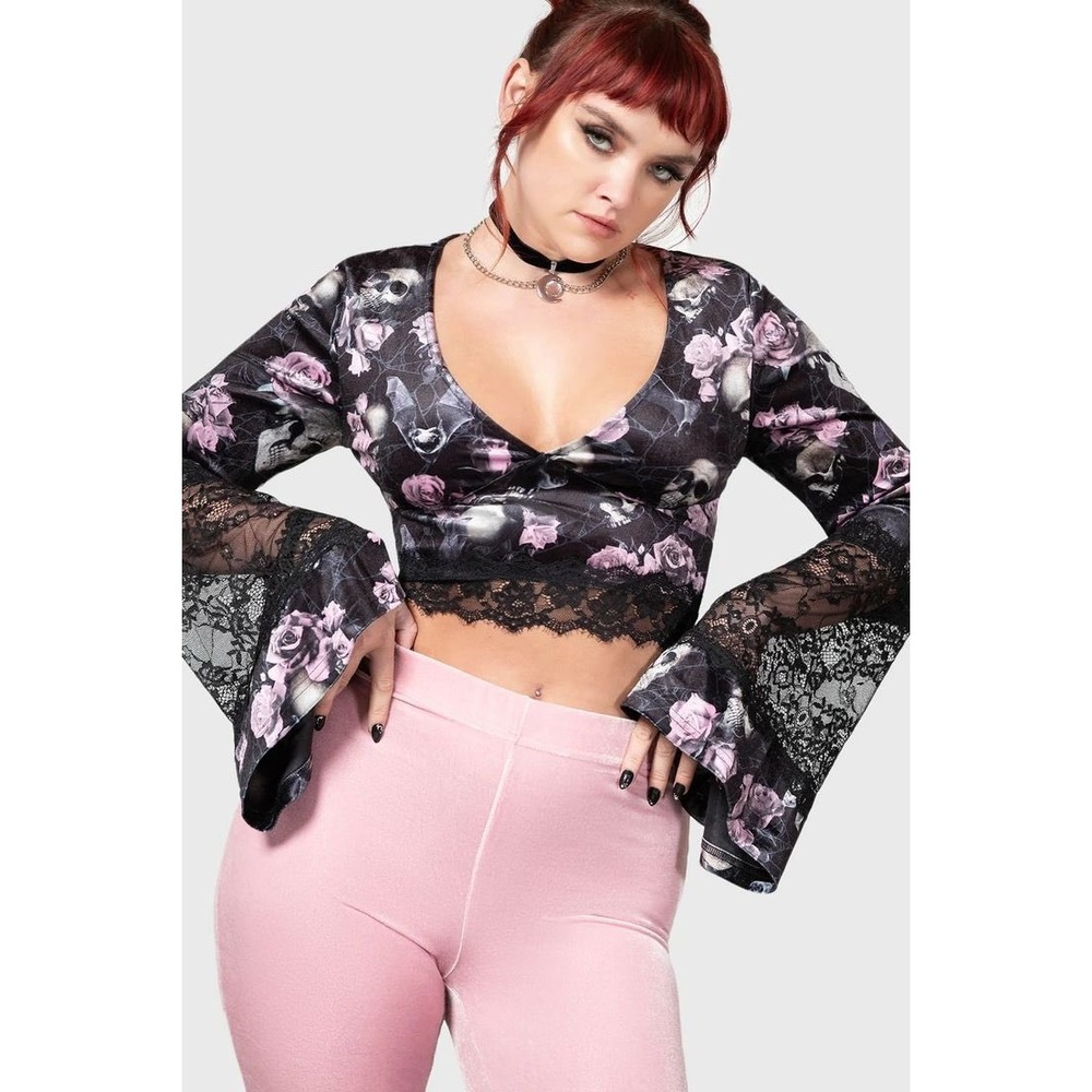 Killstar Velvet Flared Sleeve Skull Faux Wrap Crop Top Lace Witchy Whimsygoth XS
